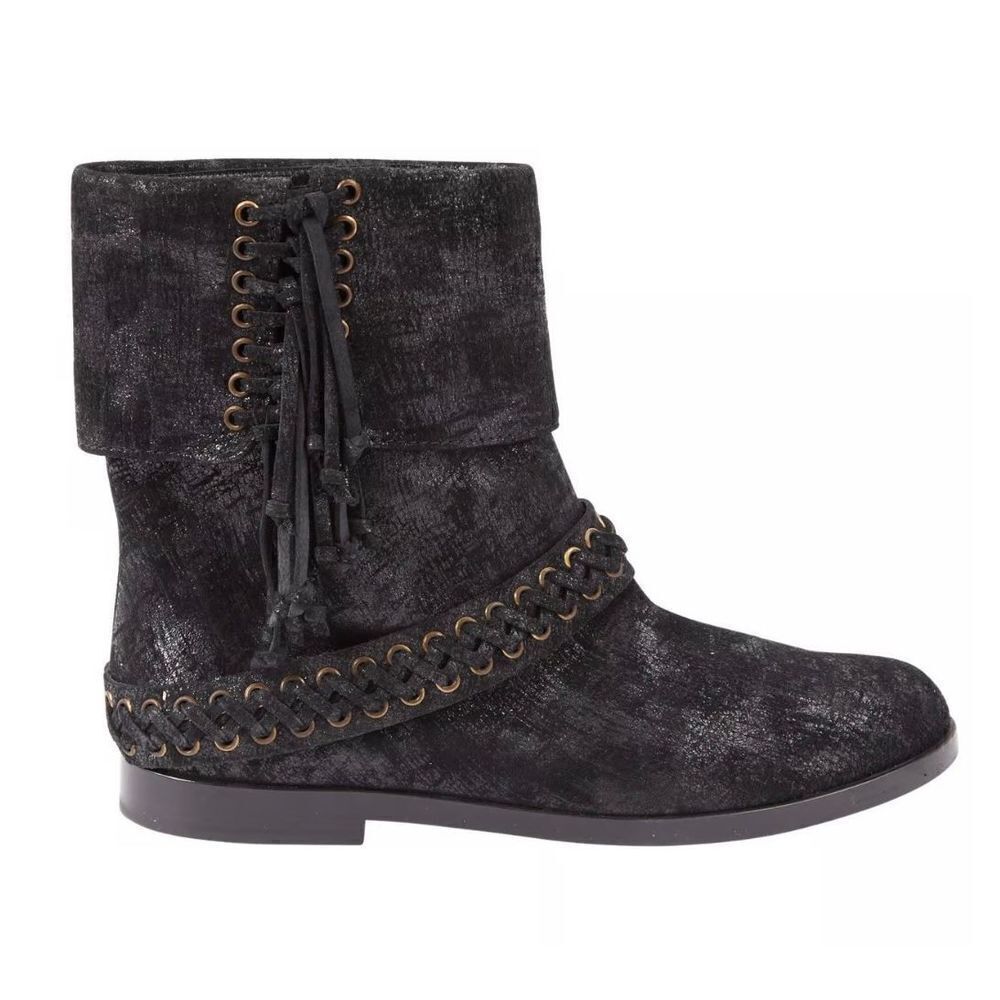 Balmain Black Metallic Shimmer Suede Western Fringe Boots Women’s Size 38.5 US 8